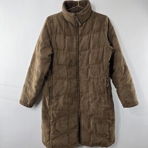 LL Bean Down Quilted Faux Suede Teddy Plush Sherpa Midi Zip Coat Jacket Size M